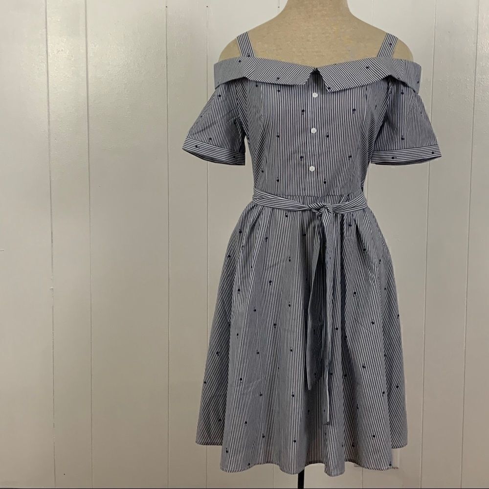 Cold Shoulder Dress Sundress summer Striped with Palm Trees size Large